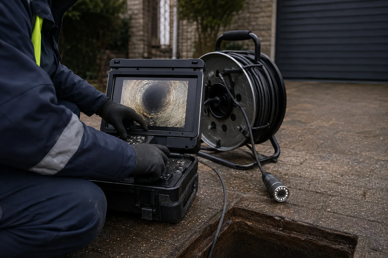 Drainage engineer reviewing a CCTV inspection of a pipe