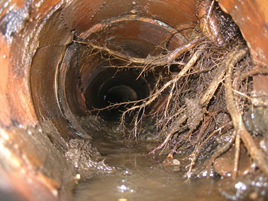 CCTV drain survey camera view of tree roots growing inside a clay drain pipe