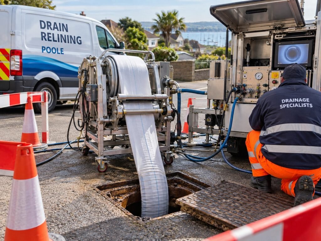 Drain relining equipment feeding a liner into a manhole in Poole