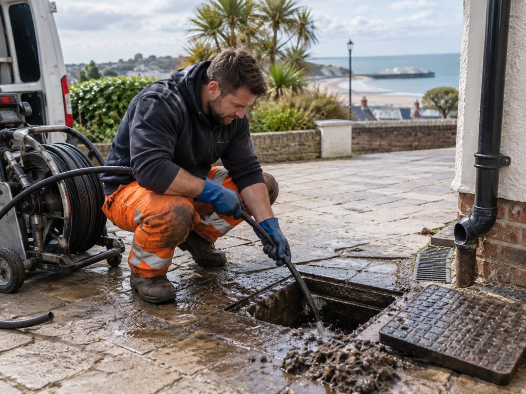 Drainage engineer clearing a blocked outside drain in Bournemouth