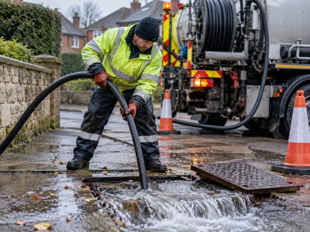Emergency drainage engineer clearing an overflowing manhole with a jetting hose