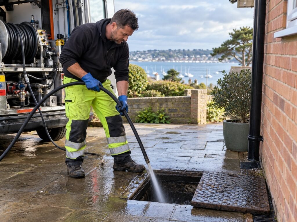 Drainage engineer jetting a blocked outside drain at a home in Poole